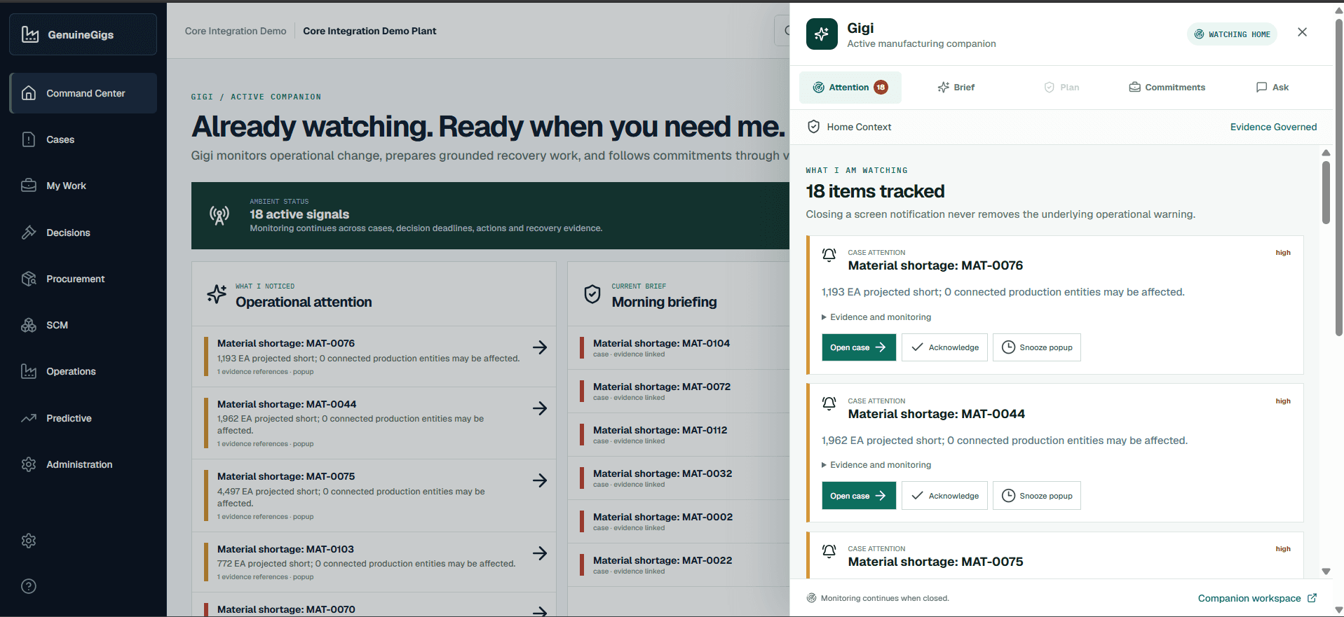 Gigi active manufacturing companion showing monitored material-shortage cases, attention, briefing, plan, commitments, and contextual questions