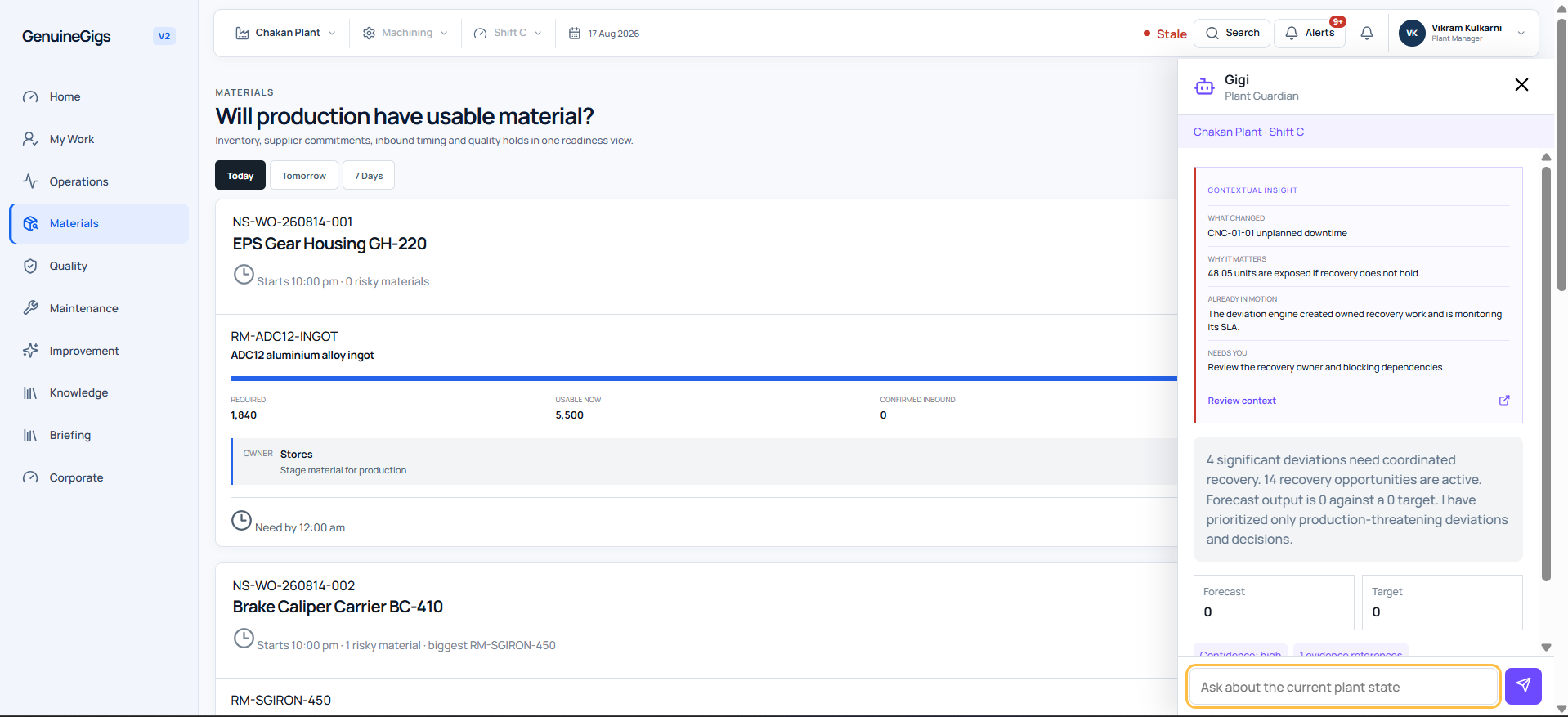 Material readiness workspace with inventory risks, inbound supply, and contextual Gigi guidance